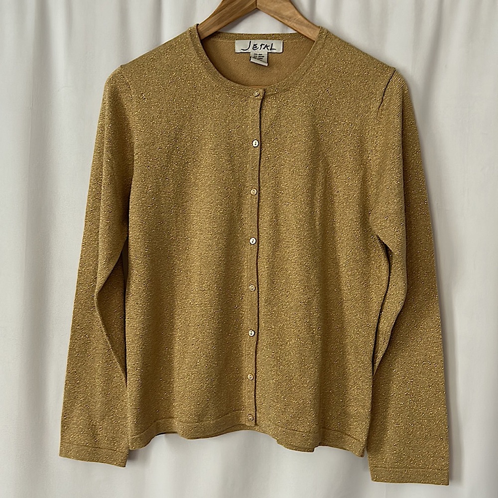 Jetal Silk Gold Metallic Thread Button Front Long Sleeve Shirt Top **Sz L** - Picture 1 of 4